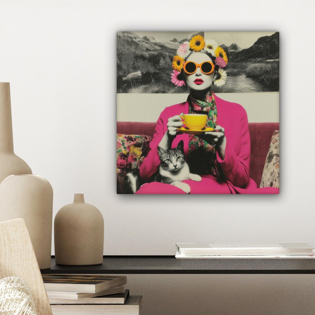 LEINWANDBILD Frau - Katze - Blumen - Tasse - Retro Deko Wohnzimmer 20x20 cm - Magenta, Textil (20/20cm) - MuchoWow