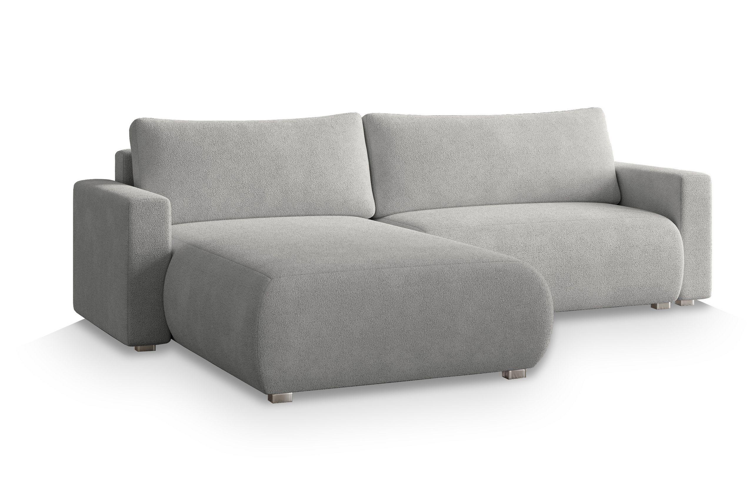 ECKSOFA TURIN N Hellgrau Bucle-Stoff mit Schlaffunktion - Hellgrau/Grau, Holz/Kunststoff (265/183cm) - MASSENO