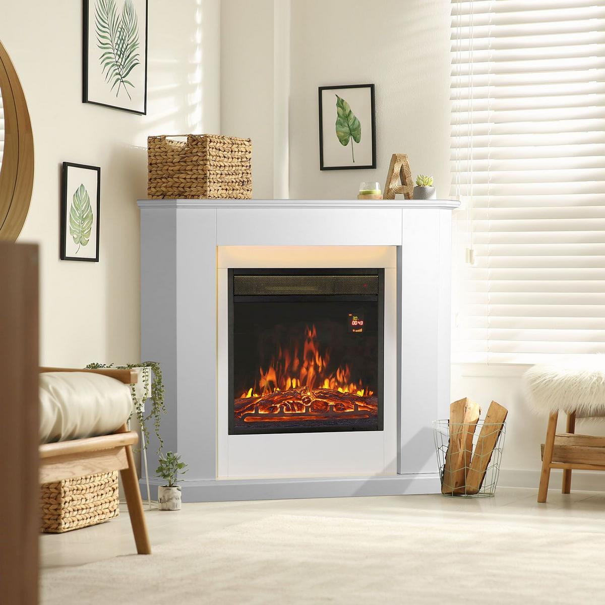 ELEKTROKAMIN 2000W dreieckig weiß mit Flammeneffekt - Weiß, Holz (96/93/57cm) - Juskys