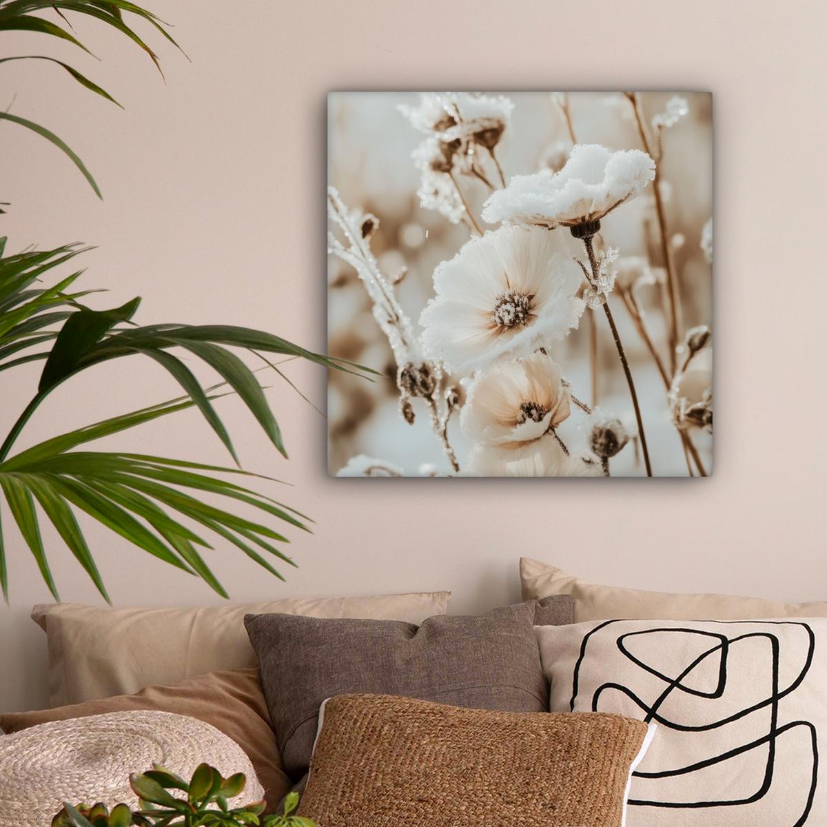 LEINWANDBILD Blumen - Winter - Weiß - Schnee - Beige Wandbild Wohnzimmer 50x50 cm - Creme, Textil (50/50cm) - MuchoWow