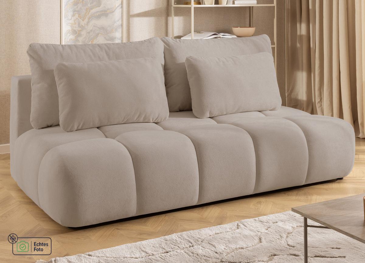 SCHLAFSOFA Belluno aus hochwertigem Dunkelbeige Plüschstoff mit Bettkasten und tiefen Steppungen in Bubble-Optik - Schwarz/Cappuccino, Holz/Kunststoff (205/87/105cm) - S-Style