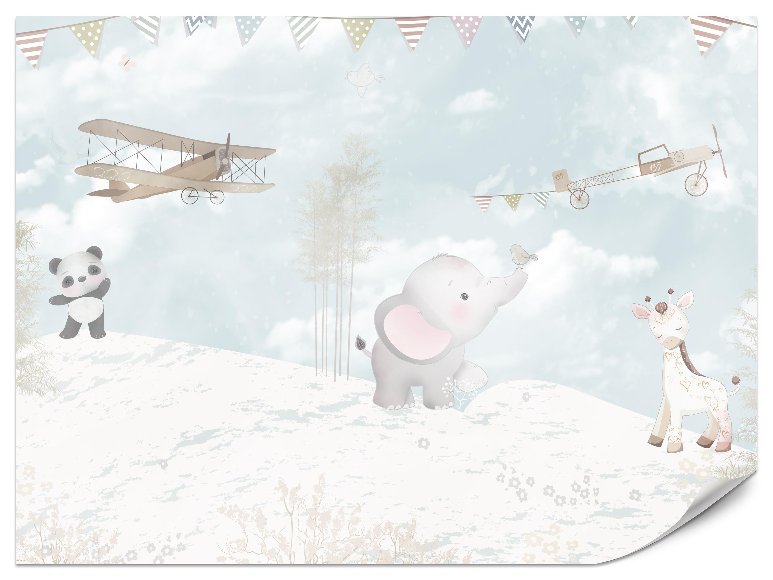 FOTOTAPETE für Kinderzimmer Boho Elefant Panda Giraffe Pflanze Flugzeug 200x140 - Multicolor, Papier (200/140cm) - Muralo