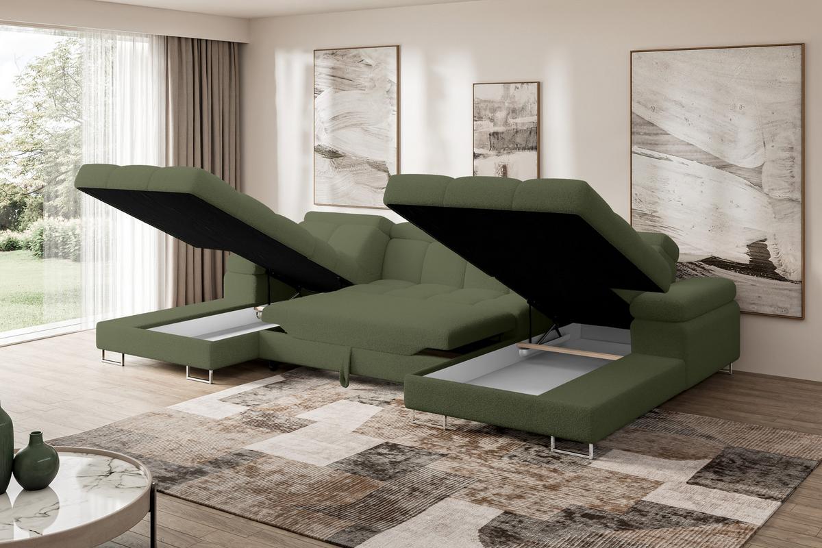 WOHNLANDSCHAFT mit Schlaffunktion und Bettkasten COMA U2 345x203x79 Grün Bouclé - Smaragdgrün, Holzwerkstoff/Textil (345/79/203cm) - ALTDECOR