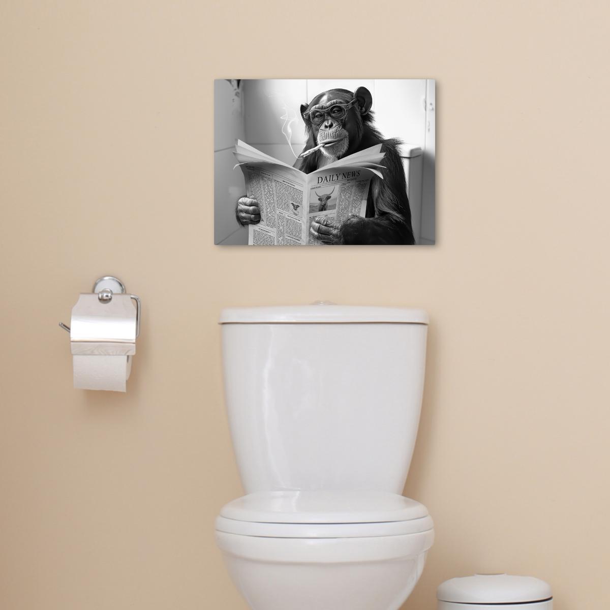 LEINWANDBILD Affe - WC - Zeitung - Schwarz-Weiß - Humor Wandbild 40x30 cm - Hellgrau, Textil (40/30cm) - MuchoWow