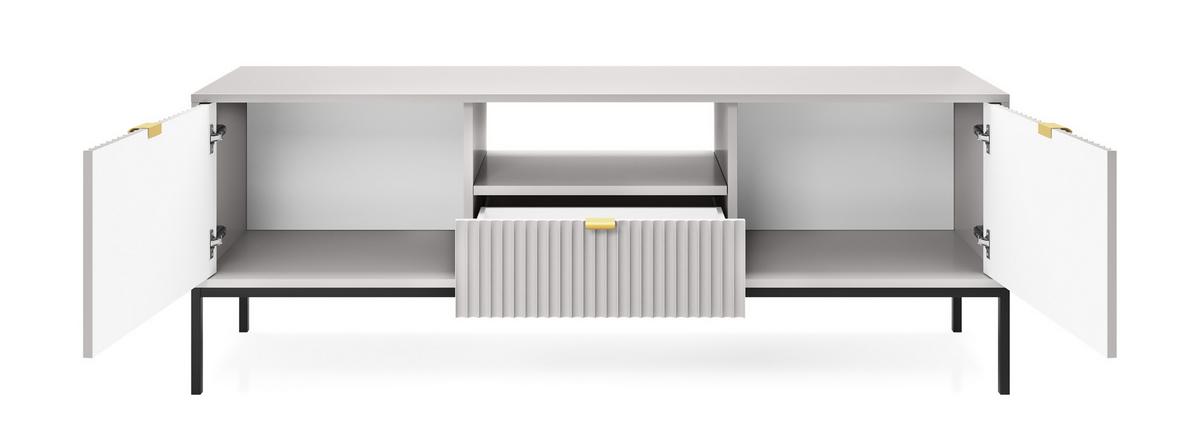 LOWBOARD Eternas 2T 1S Grau 154/56/39 cm – schwarze Füße, mit geriffelten Fronten und offener Ablage - Schwarz/Grau, Holzwerkstoff (154/56/39cm) - AX Living