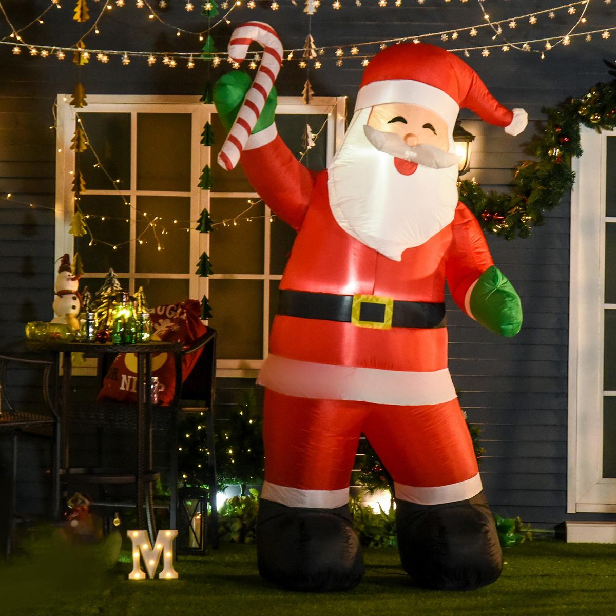 WEIHNACHTSDEKO aufblasbar, 2,4 m Weihnachtsmann mit LED-Beleuchtung Zuckerstange - Rot, Textil (95/243/125cm) - HOMCOM