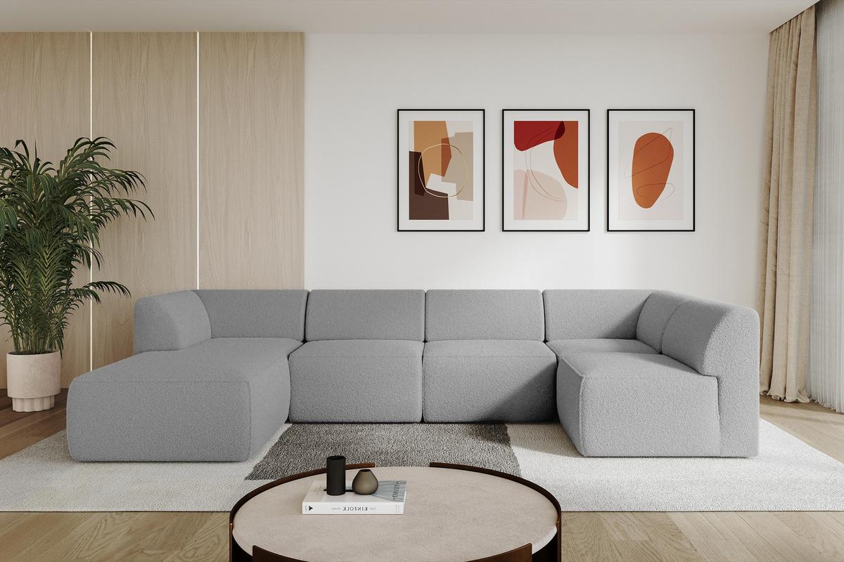 WOHNLANDSCHAFT Ottomane Links MOVO-L 345x180x78 cm Hellgrau Bouclé - Anthrazit, Holzwerkstoff/Kunststoff (345/78/180cm) - ALTDECOR
