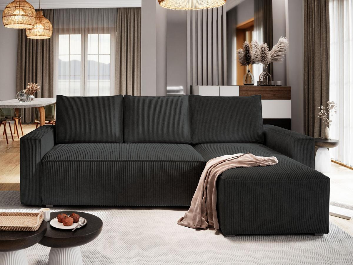 ECKSOFA POTARO Schwarz Kordstoff mit Schlaffunktion - Schwarz/Grau, Holz/Kunststoff (232/140cm) - MASSENO
