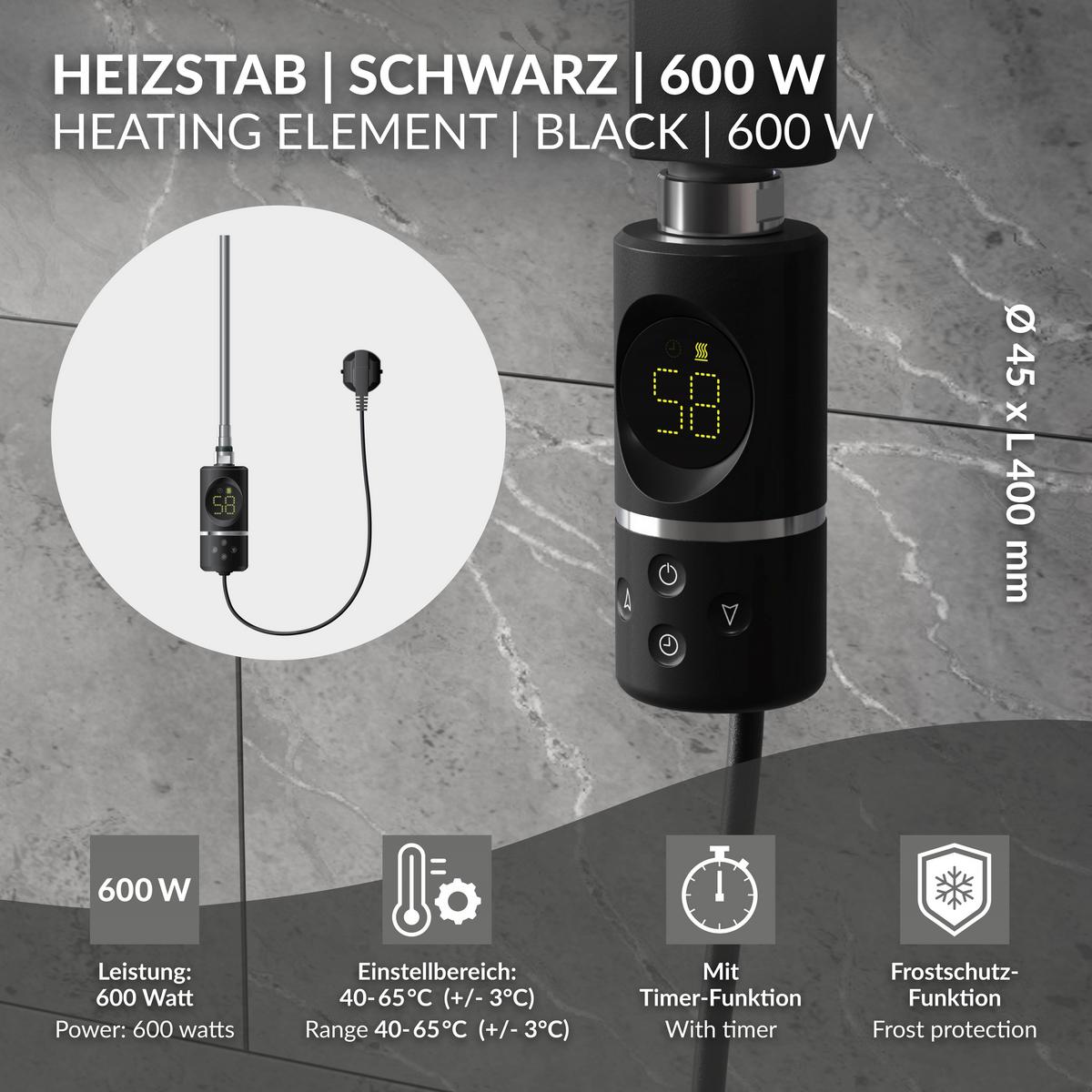 HEIZSTAB 600W Schwarz für Badheizkörper mit Thermostat und Digitalanzeige - Chromfarben, Metall - LuxeBath