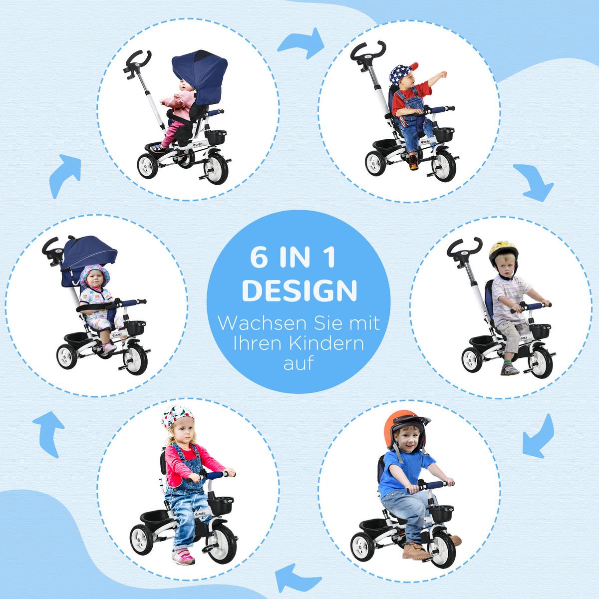 6 in 1 Dreirad mit Schubstange, Kinderdreirad mit Sicherheitsgurt, Sonnendach - Blau, Metall (112/50/104cm) - HOMCOM