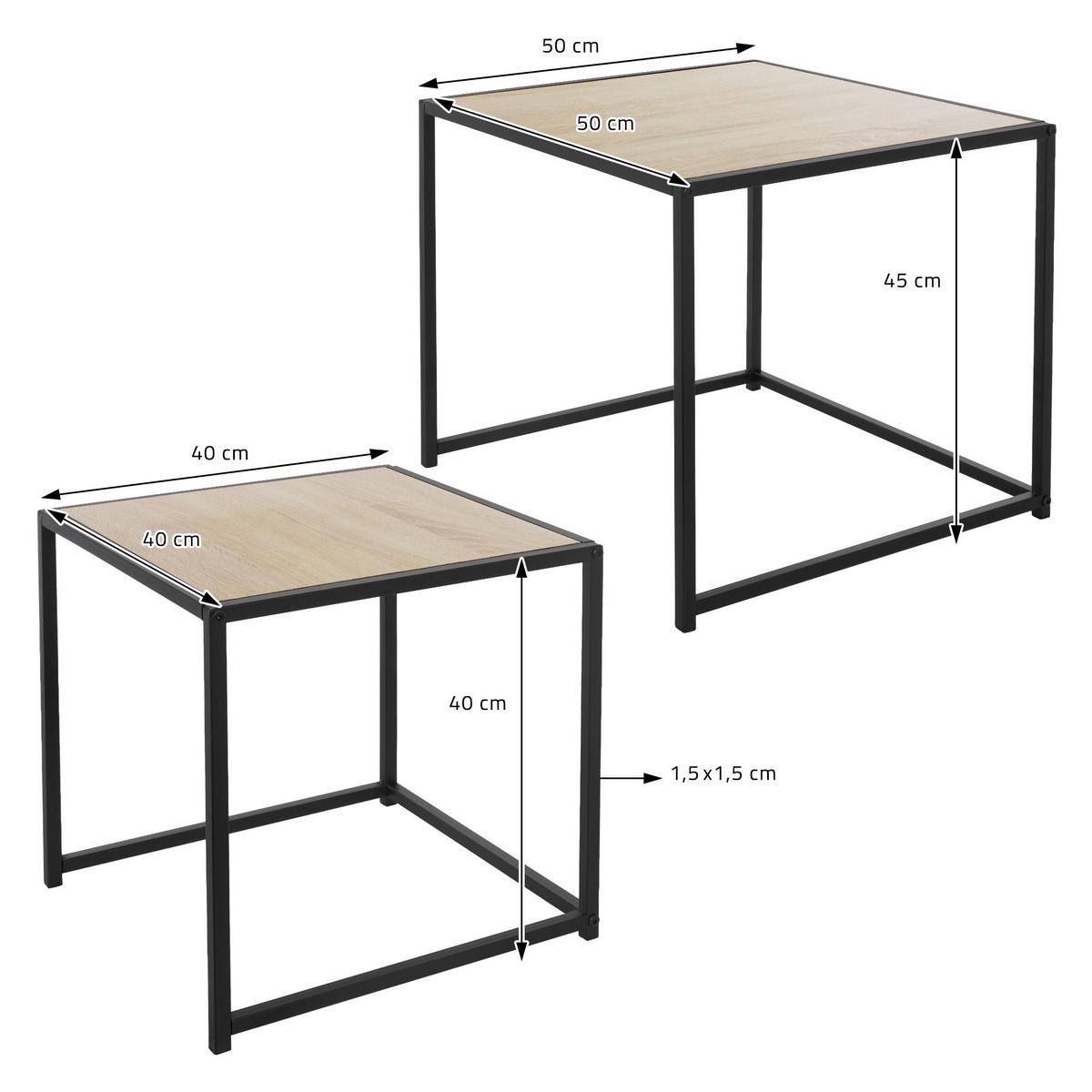 BEISTELLTISCH 2er Set 40x40x40 cm / 50x50x45 cm Schwarz-Eichenoptik aus Metall - Schwarz/Braun, Metall (50/50/45cm) - ML-DESIGN