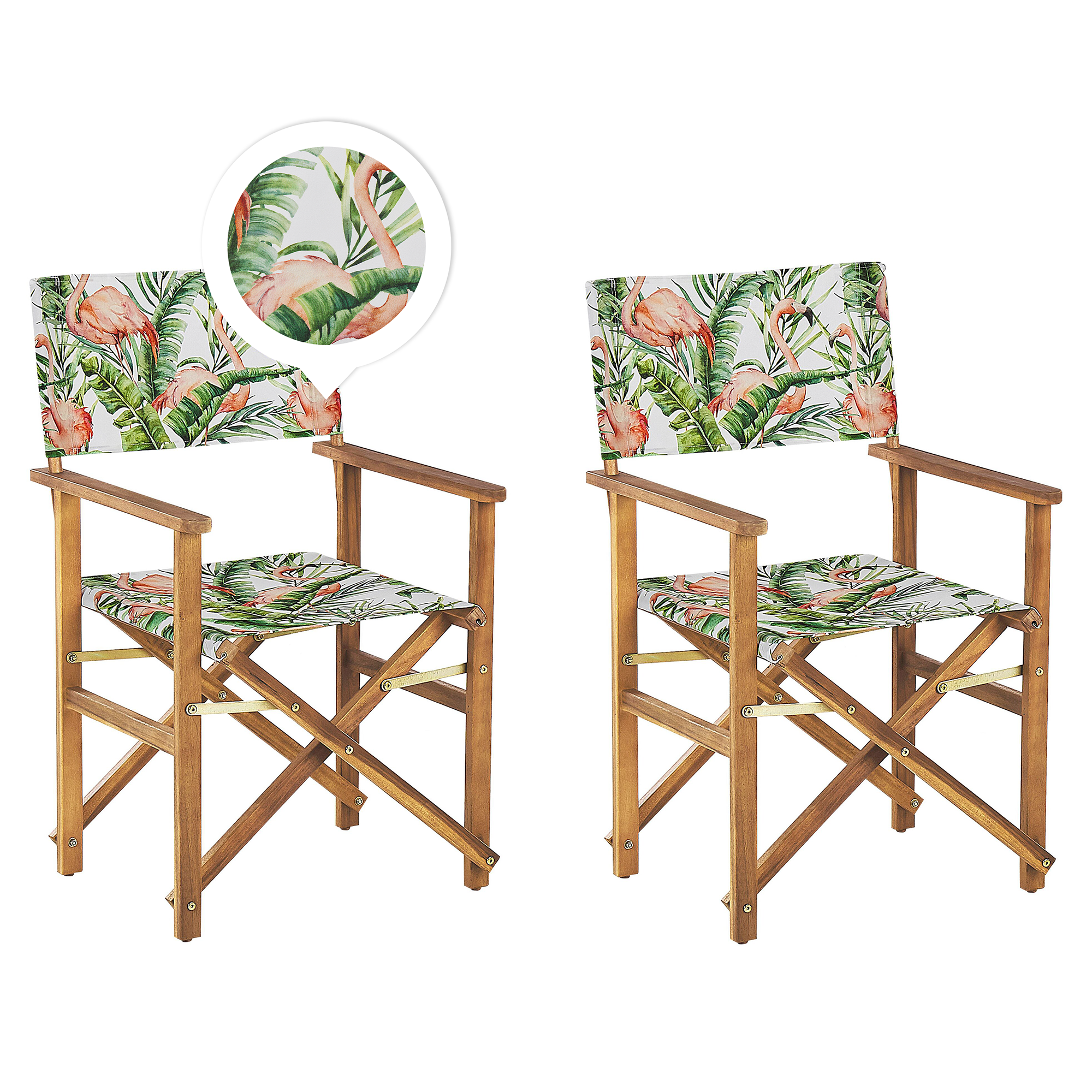 GARTENSTUHL 2er-Set Akazienholz hellbraun Auflagen cremeweiß/bunt Flamingomuster Cine - Hellbraun/Multicolor, Holz (50/91/50cm) - Beliani