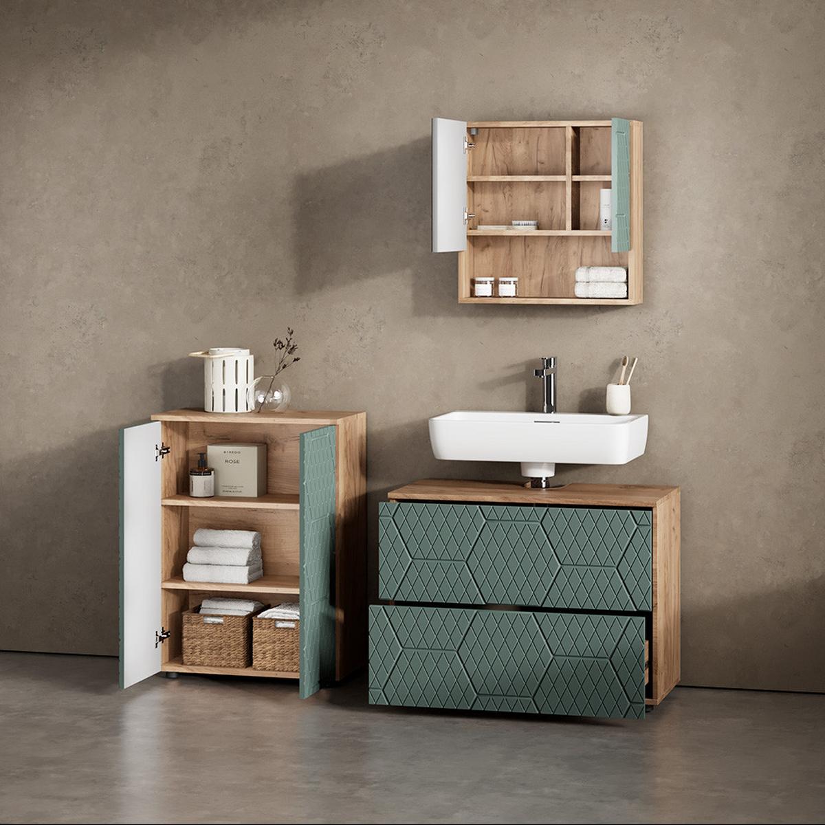 BADMÖBEL-SET Ronco Grün/Goldkraft Eiche 3 Teile, mit Unterschrank 80 cm - Honigeiche/Grün, Holzwerkstoff (80/58/41cm) - Livinity®