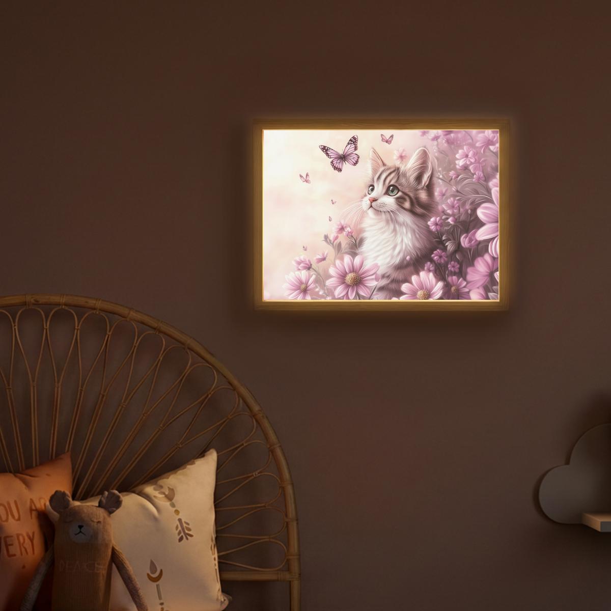 WANDLEUCHTE MIT AKKU Kätzchen - Blumen - Schmetterlinge - Lila 40x30 cm - Altrosa, Holzwerkstoff (40/30/8cm) - OnlyWow