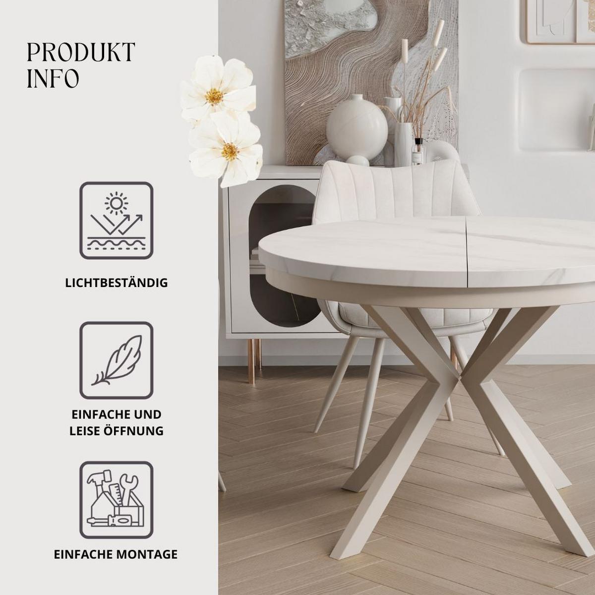 AUSZIEHTISCH MILTON 90-166/76 cm mit Metallgestell und Zarge, Kaschmir / Bianco Marmor - Kaschmir/Perlmutt, Holzwerkstoff/Metall (90/90/76cm) - Idohome