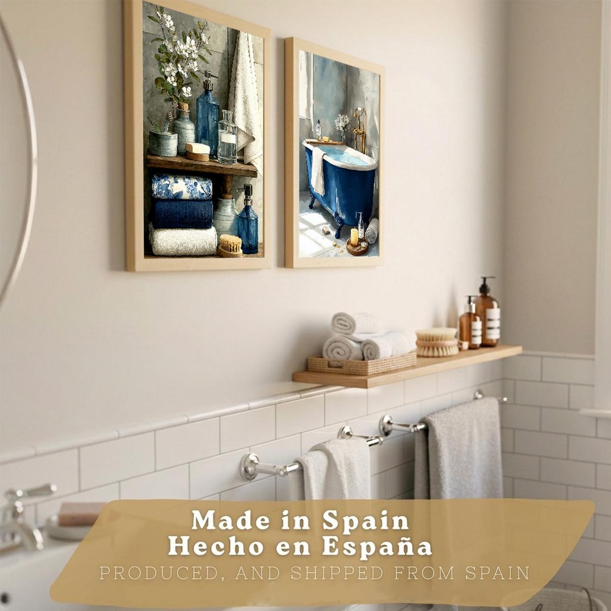POSTER 2er-Set dekorative Badezimmer-Poster, moderne Wandbilder für Waschbecken, elegante Dekoration mit blauer Badewanne und Accessoires Rahmenlos A3 - Klar, Papier (42/29.7/3cm) - Nacnic