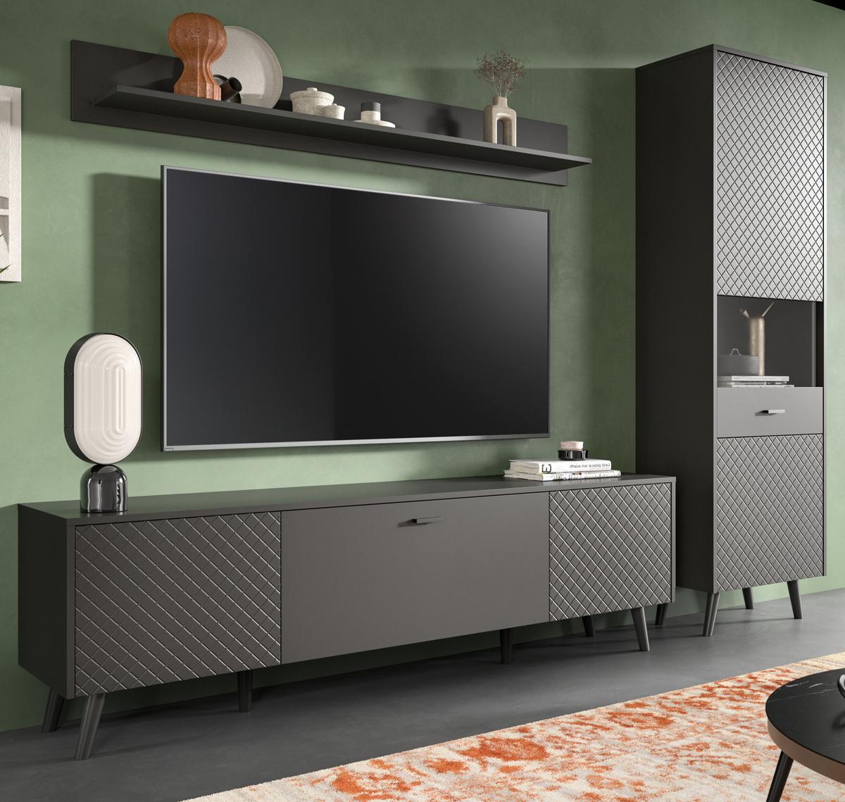 WOHNWAND grau matt 3-teilig 258 cm, Schrankwand mit Struktur - Schwarz/Grau, Glas/Holzwerkstoff (258/195/40cm) - Inn.Furn