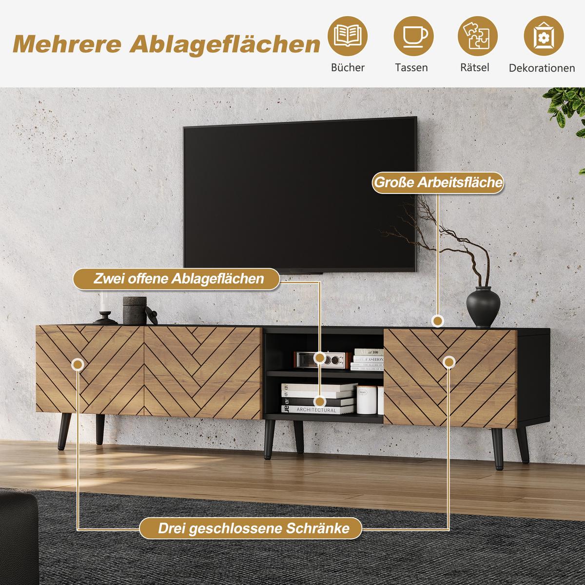 TV-LOWBOARD 180cm Schwarz & Holzoptik für 75 Zoll TV, 3 Türen & Kabelmanagement - Naturfarben, Holzwerkstoff (180/45/33.5cm) - Urban Meuble