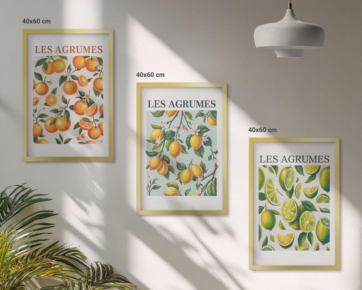 BILDER SET 3er Set - 40x60 cm Goldrahmen - Fruchtige Zitrus-Pastellmuster - Goldfarben, Kunststoff (40/60cm) - TULUP