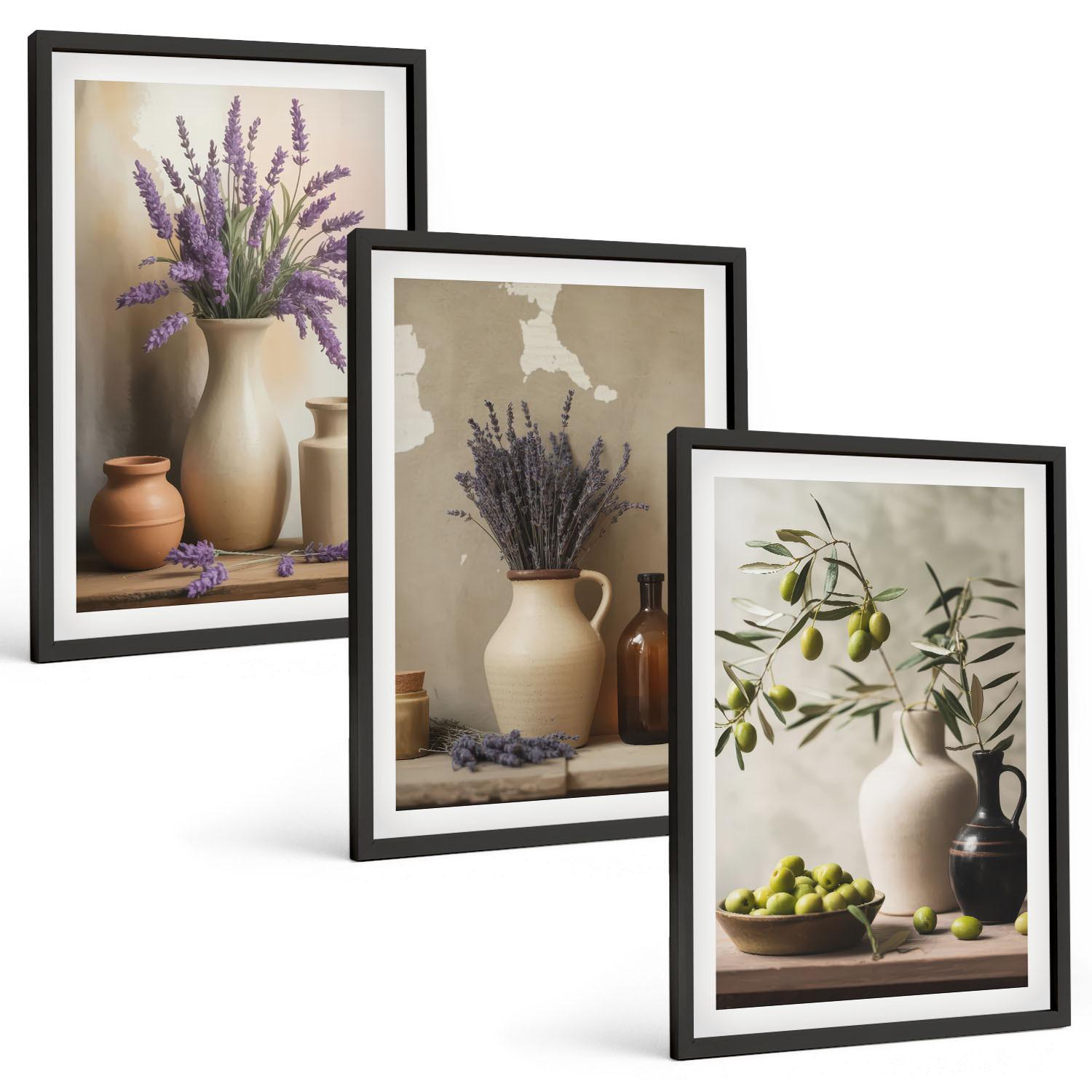 BILDER SET 3er Set - 40x60 cm Schwarzer Rahmen - Blumen in Vasen, Oliven, Dekorationen - Schwarz, Kunststoff (40/60cm) - TULUP