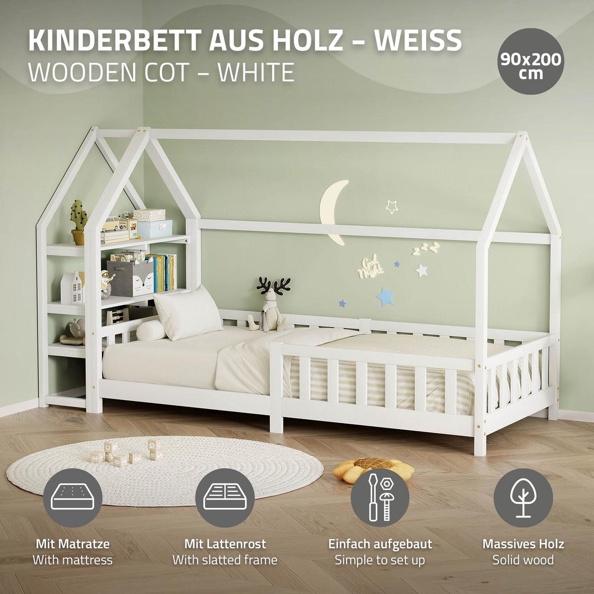 KINDERBETT 90x200 cm mit Matratze & Regal Weiß aus Kiefernholz - Weiß, Holz (90/200cm) - ML-DESIGN