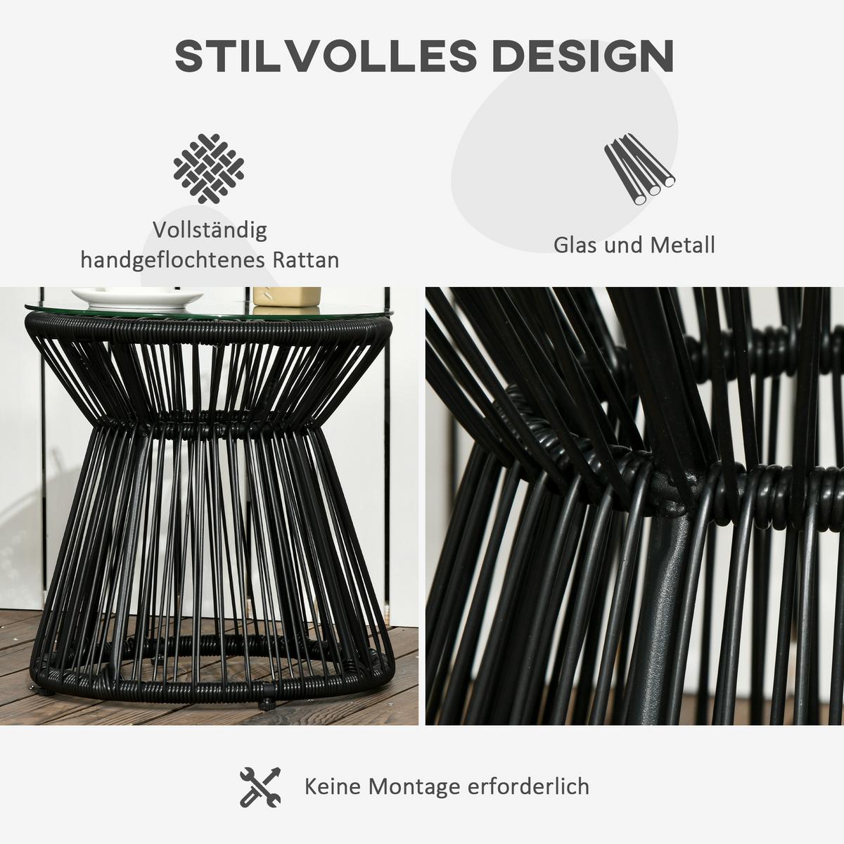 BALKONTISCH, Schwarz, Eisen, PE-Rattan, Glas - Schwarz, Kunststoff (40/40/42cm) - Outsunny