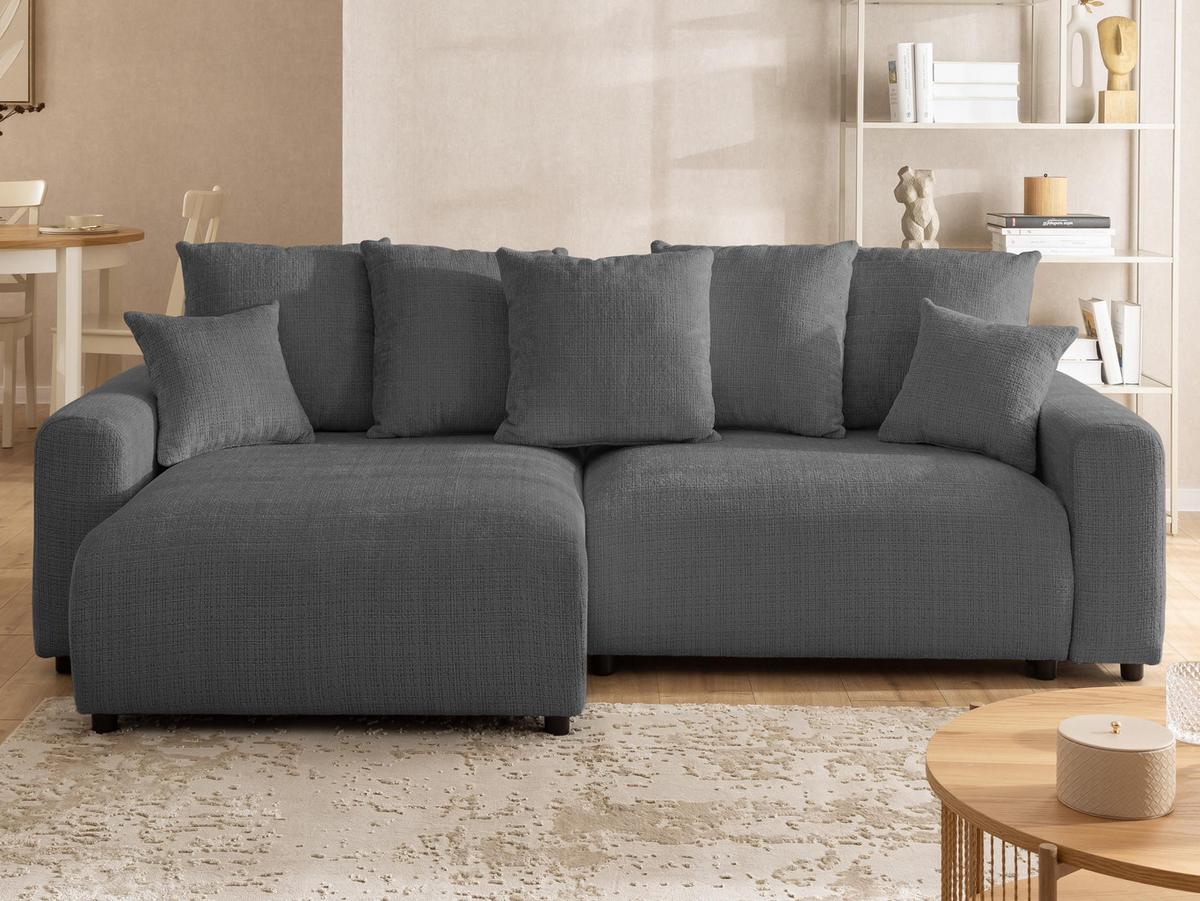 ECKSOFA Calma mit Schlaffunktion und Bettkasten im Bumpy-Design aus weichem Grau Chenille-Stoff - Ottomane links - Beige/Schwarz, Holz/Kunststoff (140/239cm) - S-Style Möbel
