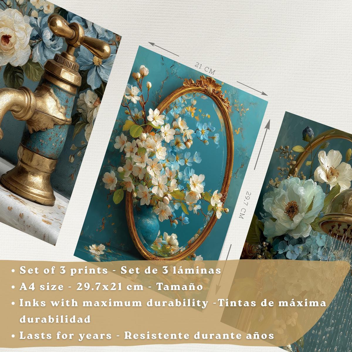 POSTER 3er-Set dekorative Badezimmer-Poster, elegante für Wand, Waschbecken, Dusche, mit Armatur, Spiegel und goldener Dusche Weißer Rahmen A4 - Weiß, Papier (29.7/21/3cm) - Nacnic