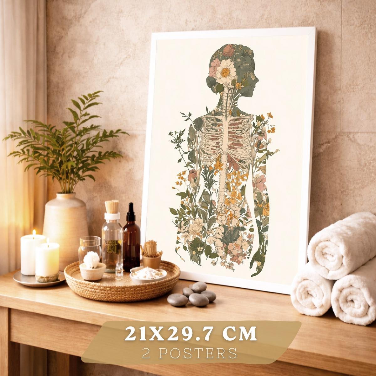 POSTER Set aus 2 Anatomie Mensch Drucke und Wandbilder mit Weiblicher Silhouette und Fortpflanzungssystem Botanischer Stil Größe Weißer Rahmen A4 - Weiß, Papier (21/29.7/3cm) - Nacnic
