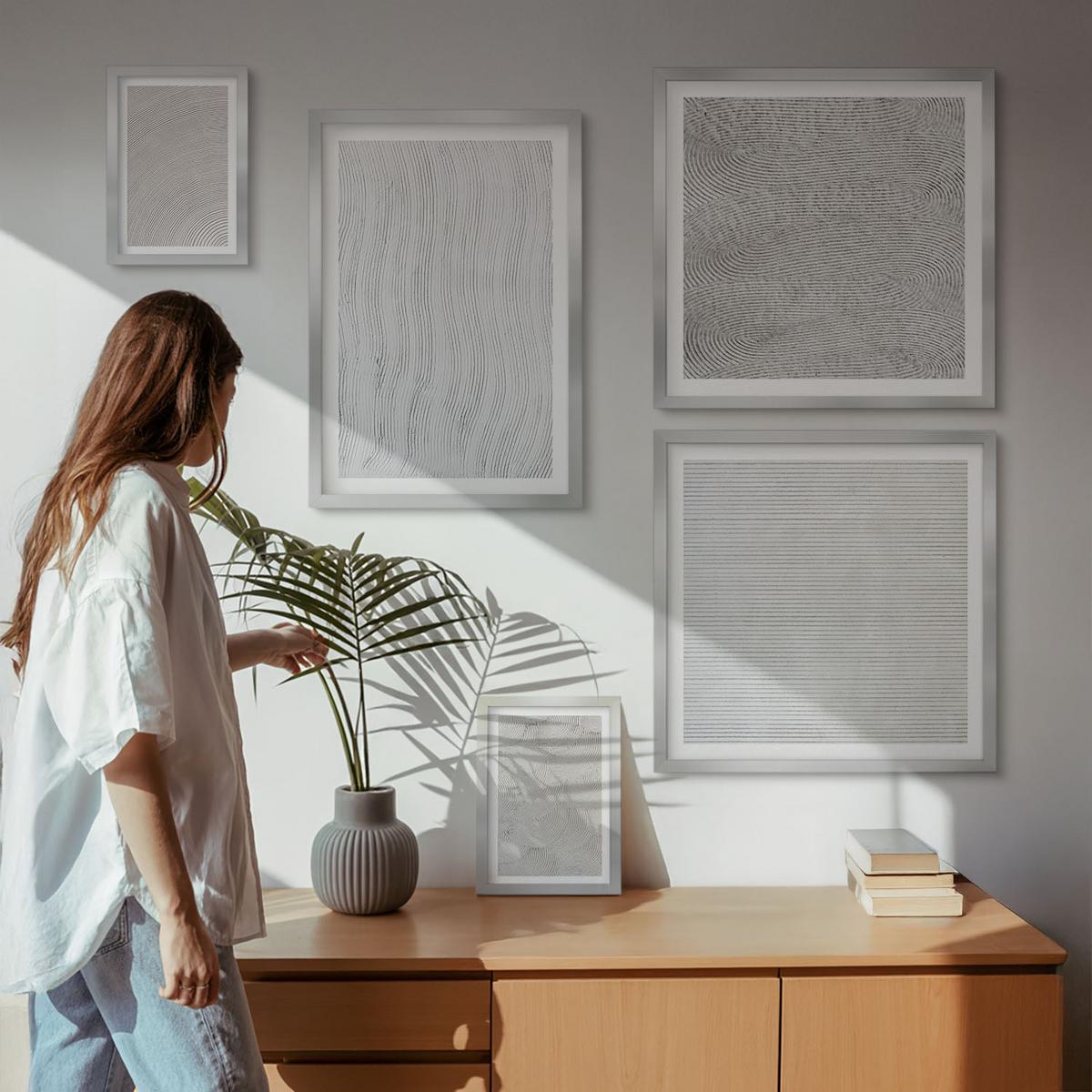BILDER SET 5er Set - 50x50 cm & 20x30 cm & 40x60 cm Silberner Rahmen - Sandmuster geometrische Strukturen - Silberfarben, Kunststoff (40/60cm) - TULUP