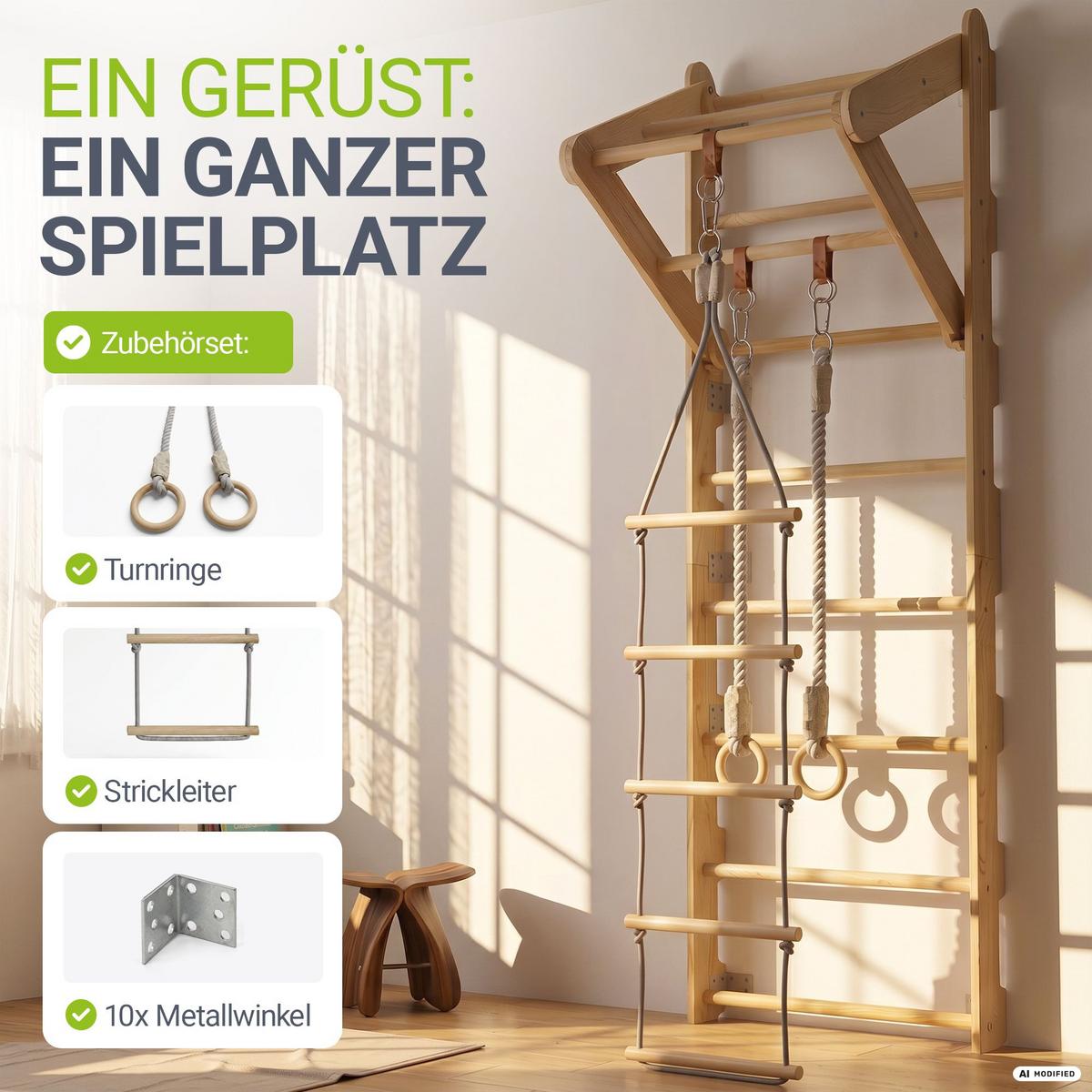 SPROSSENWAND für Kinder mit Turnringen - Naturfarben, Holz (62/57cm) - Juskys