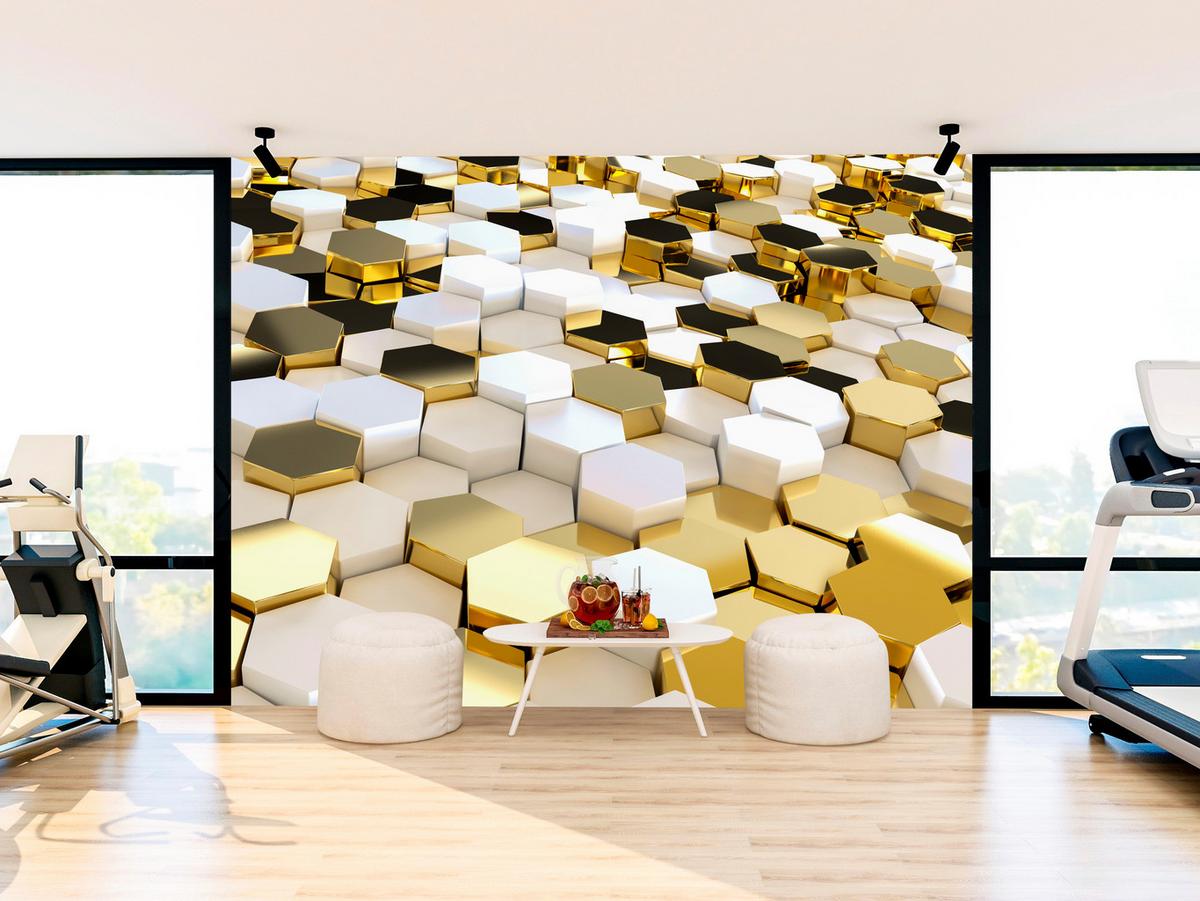 FOTOTAPETE für Büro Futuristisch Goldene Hexagone Formen Geometrie 350x256 - Gelb/Goldfarben, Papier (350/256cm) - Muralo