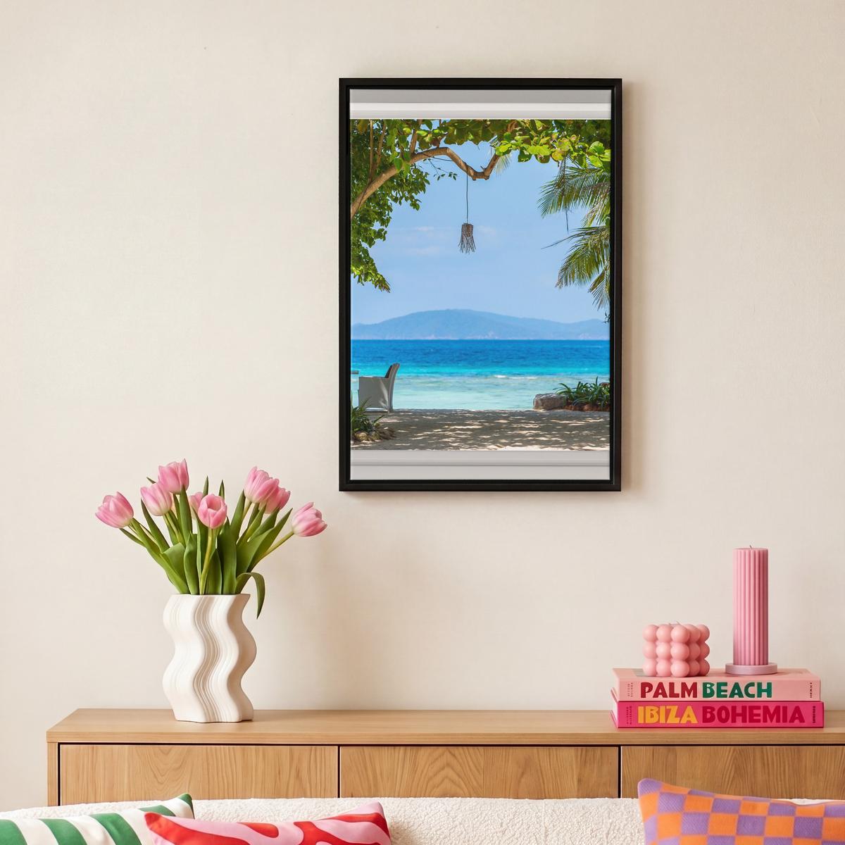 LEINWAND Bilder mit Rahmen - Aussicht - Baum - Meer - Palme - Hügel - Strand - Blau - 20x30 - Blau, Textil (20/30cm) - MuchoWow