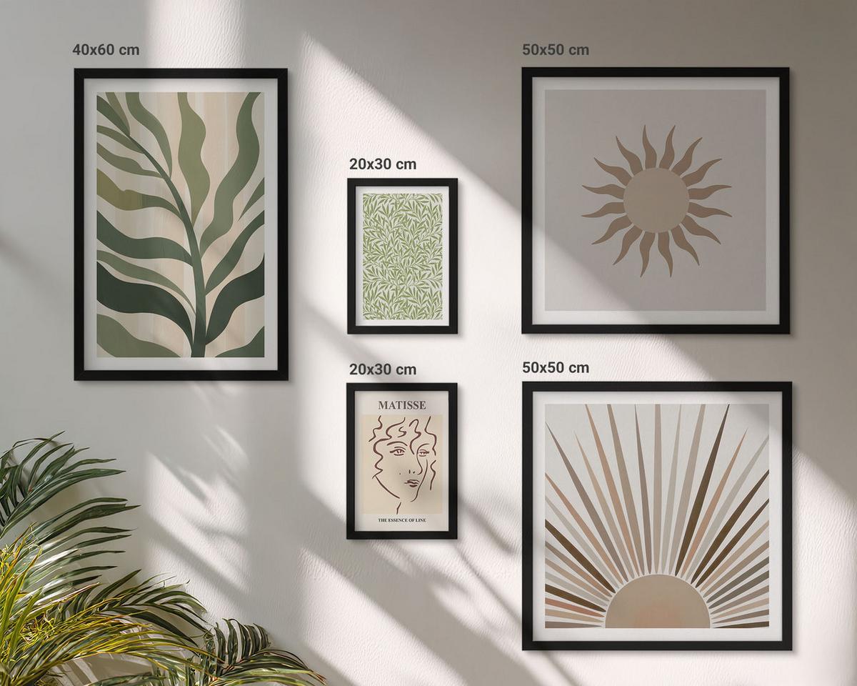 BILDER SET 5er Set - 50x50 cm & 20x30 cm & 40x60 cm Schwarzer Rahmen - Abstrakte Pflanzenmuster - Schwarz, Kunststoff (40/60cm) - TULUP