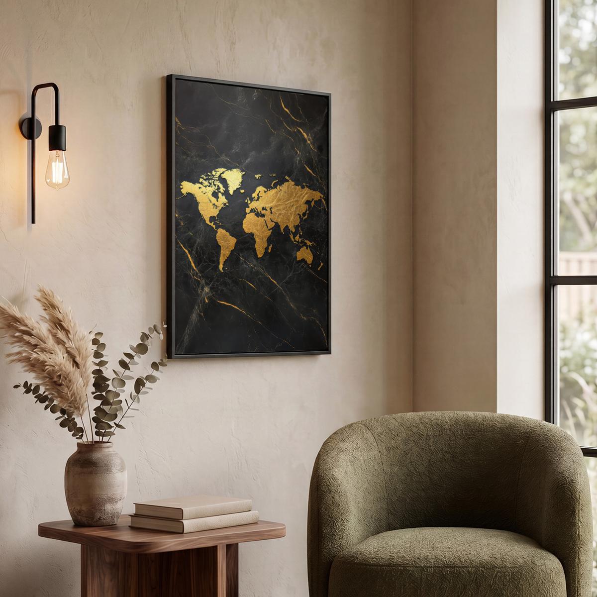 LEINWAND Bilder mit Rahmen - Weltkarte - Gold - Marmor - 50x70 - Goldfarben, Textil (50/70cm) - MuchoWow