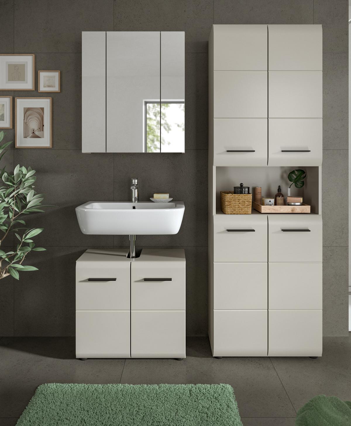 BADMÖBEL-SET Kaschmir 3-teilig 135 cm, Komplettset mit viel Stauraum - Kaschmir/Schwarz, Glas/Holzwerkstoff (135/185/30cm) - Inn.Furn