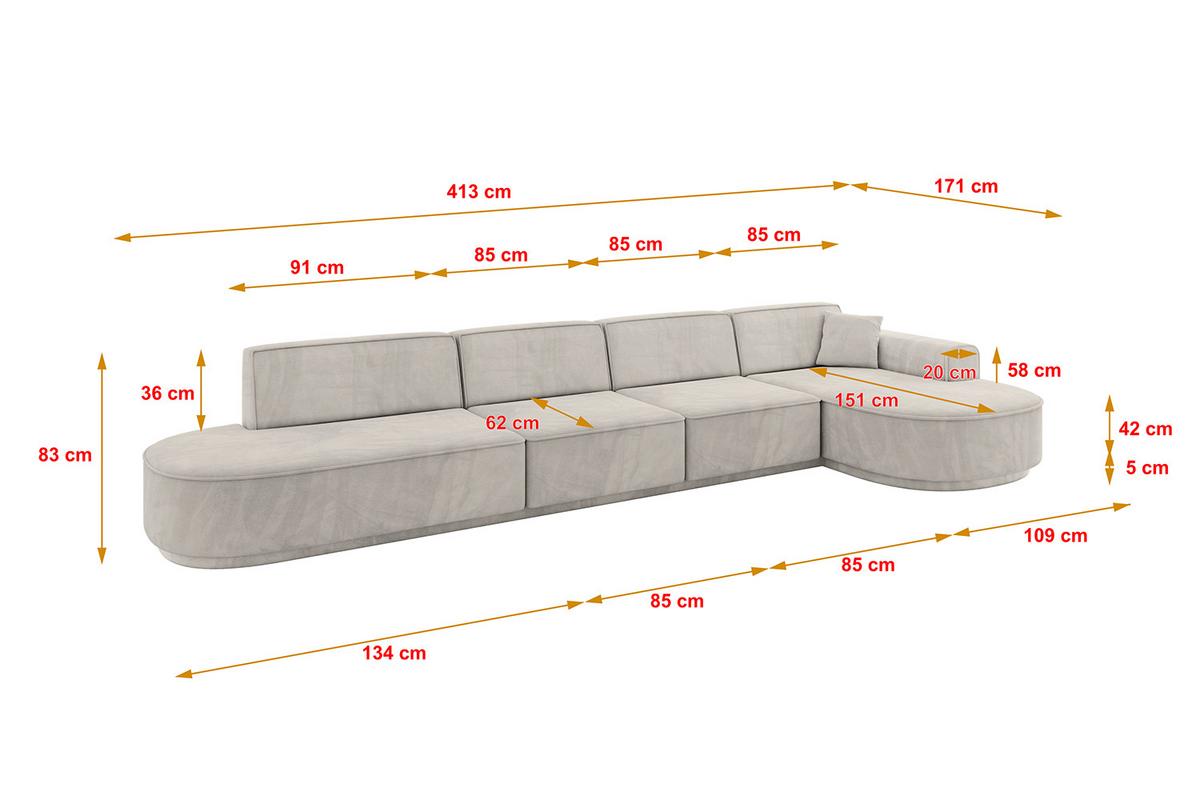ECKSOFA Ottomane Rechts MARI-L3-v3 - 413x171x83 cm Hellbraun Velours - Hellbraun/Schwarz, Holzwerkstoff/Kunststoff (171/413cm) - ALTDECOR