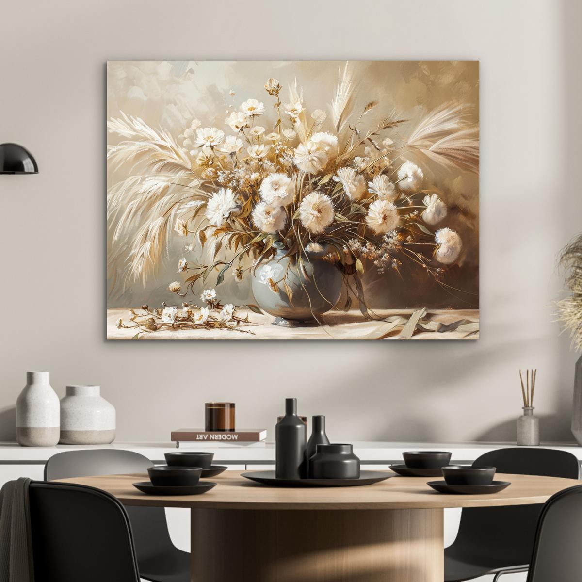 METALLBILD Blumen - Vase - Stilleben - Beige 80x60 cm - Creme, Metall (80/60cm) - MuchoWow
