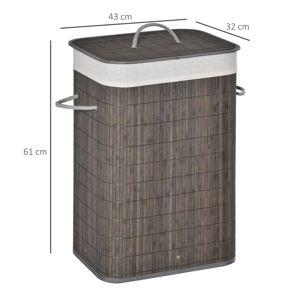 WÄSCHEKORB schmal mit Deckel 83L, Bambus, Grau - Grau, Naturmaterialien (32/61/43cm) - HOMCOM