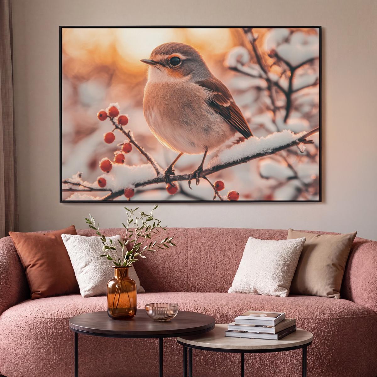 LEINWAND Bilder mit Rahmen - Vogel - Zweig - Winter - Tiere - Schnee - 140x90 - Bernsteinfarben, Textil (140/90cm) - MuchoWow