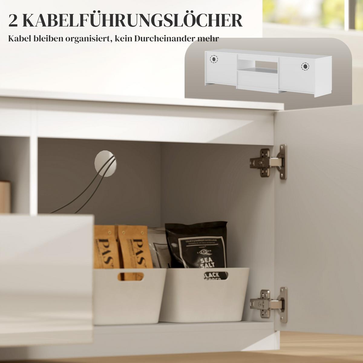 HOCHGLANZ TV-Lowboard für Fernseher bis 65 Zoll, 3 Fächer, Schublade, Weiß - Weiß Hochglanz/Weiß, Holzwerkstoff (38/43/160cm) - HOMCOM
