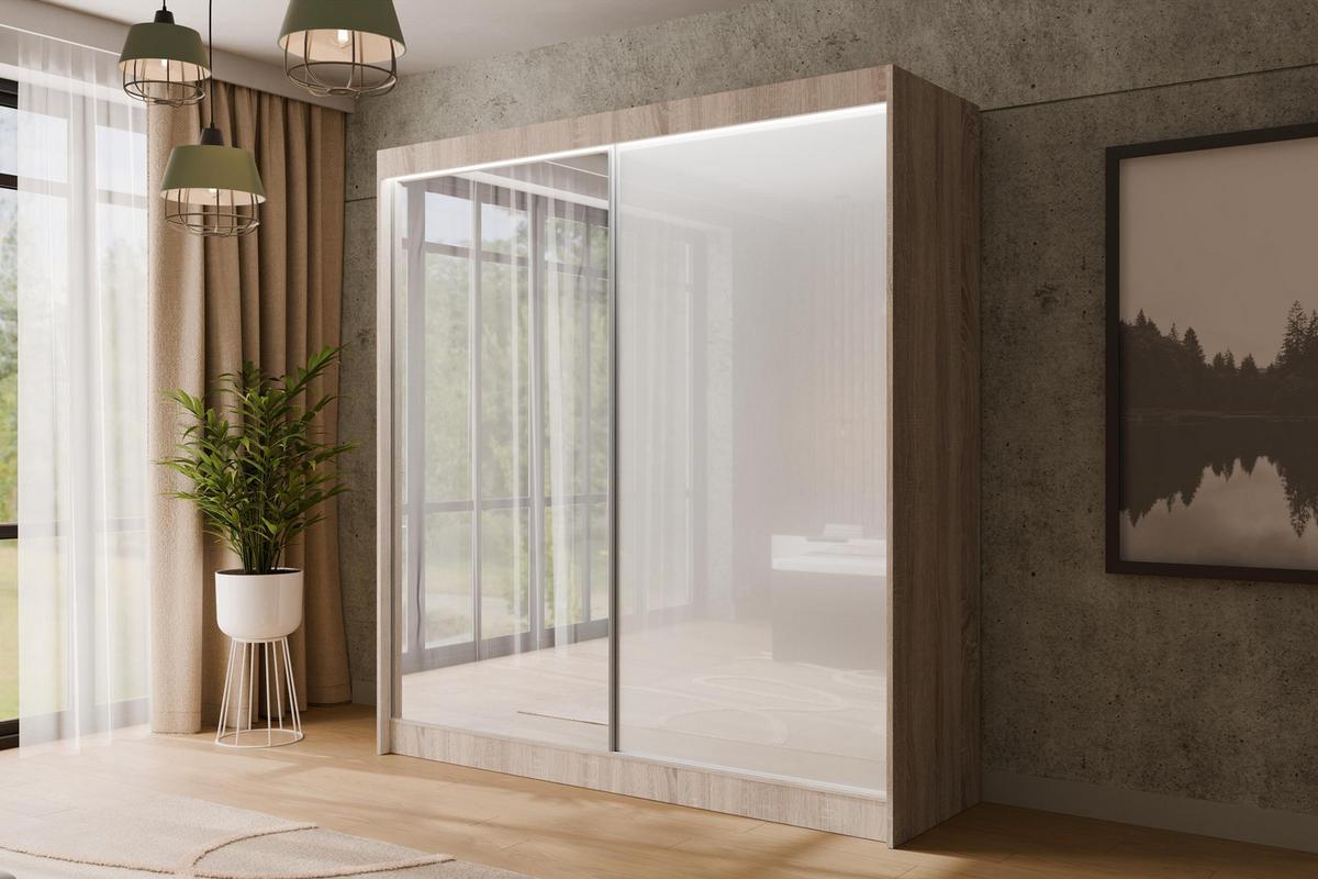KLEIDERSCHRANK VESLI mit LED - 200 cm - Sonoma Eiche|Weiß - Weiß/Sonoma Eiche, Holzwerkstoff (200/215/61cm) - ALTDECOR
