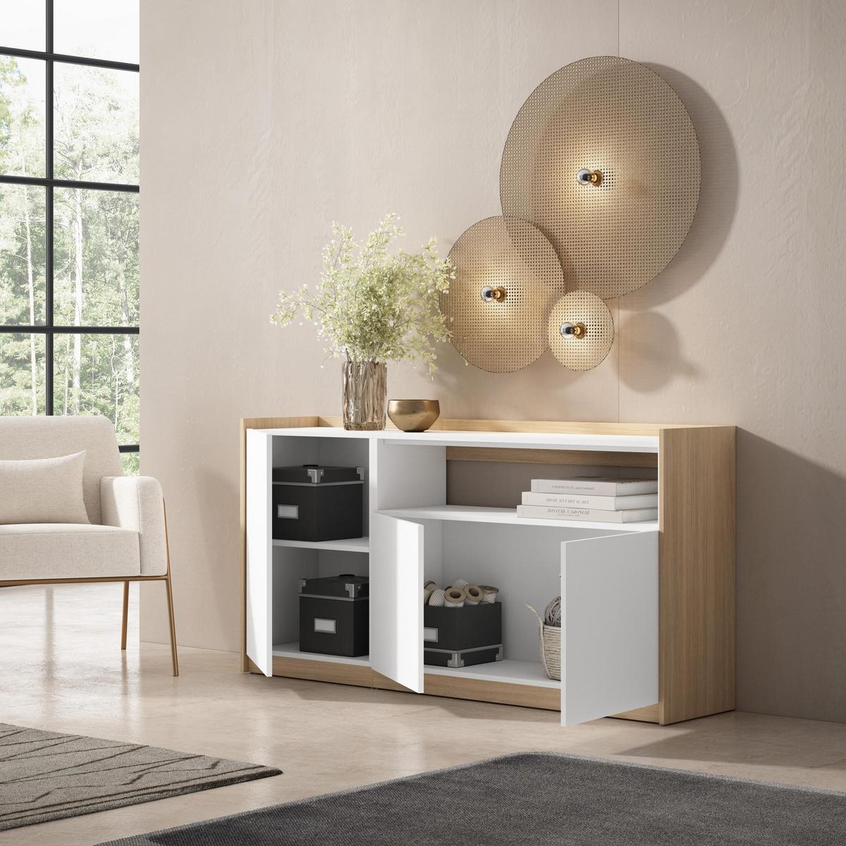 SIDEBOARD, Highboard, Weiß und Eiche Soft, 156/37/80cm - Weiß, Holzwerkstoff (156/80/37cm) - Skraut Home