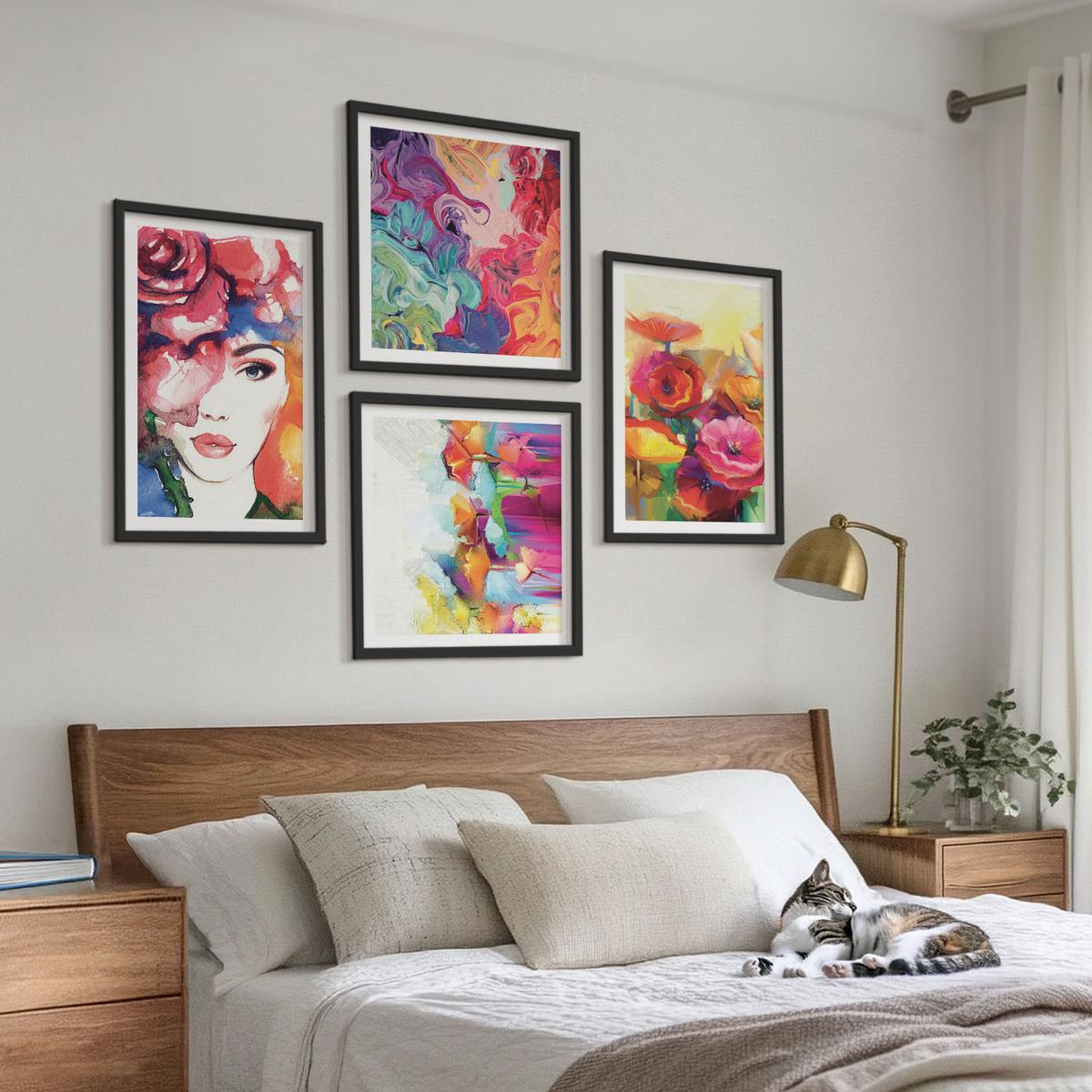 BILDER SET 4er Set - 50x50 cm & 40x60 cm Schwarzer Rahmen - Porträt von Blumen in intensiven Farben - Schwarz, Kunststoff (50/50cm) - TULUP