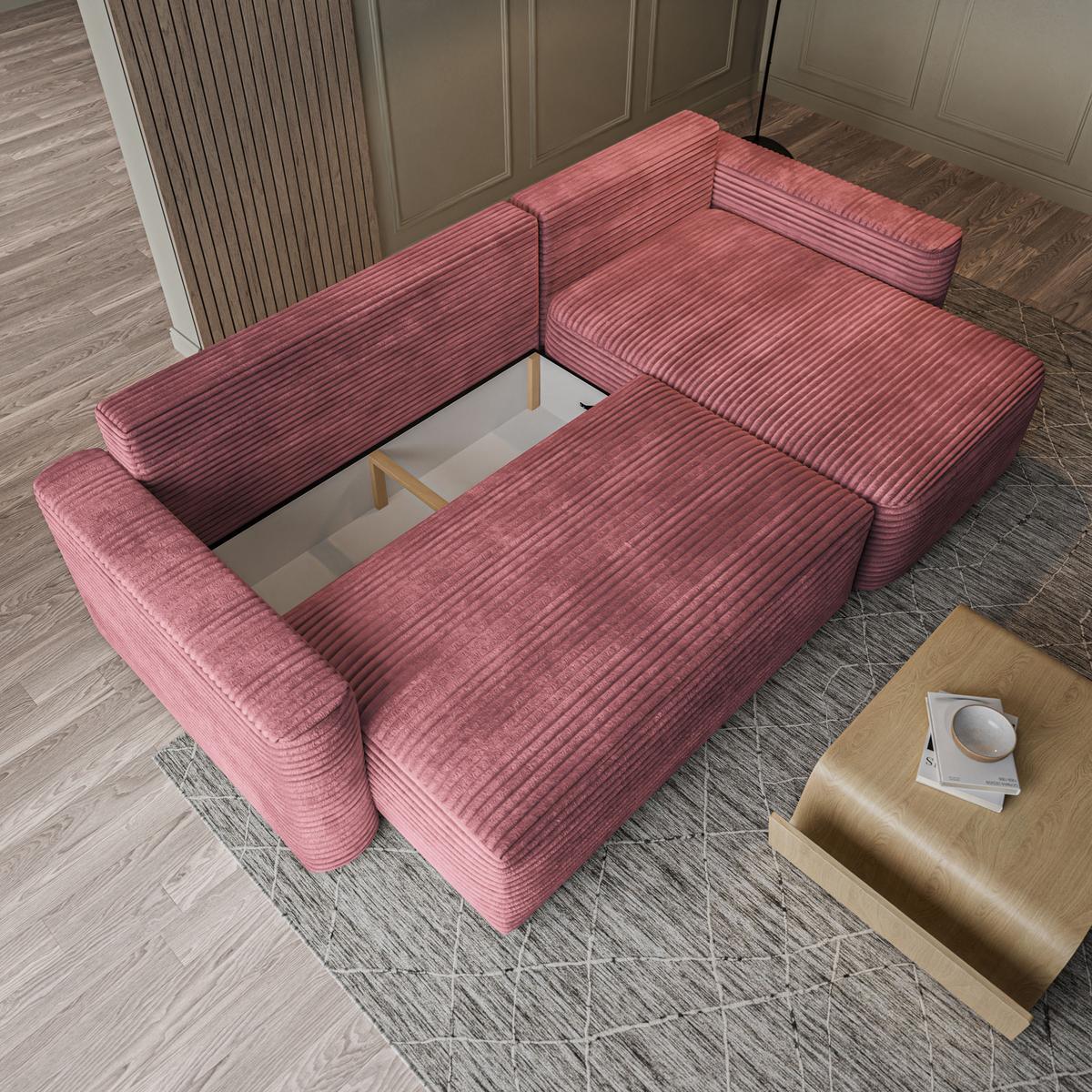 ECKSOFA NERI T Rosa Kordstoff mit Schlaffunktion - Rosa, Holzwerkstoff/Textil (280/157cm) - MASSENO