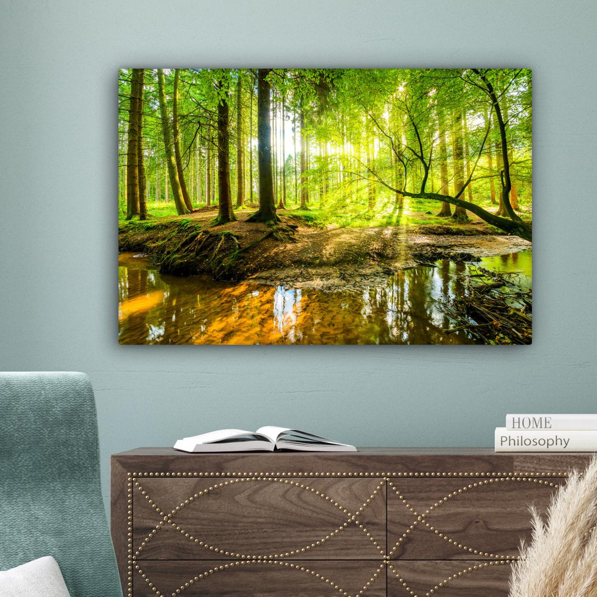 LEINWANDBILD Wald - Landschaft - Wasser - Bäume - Sonne - Grün - Natur XXL 150x100 cm - Grün, Textil (150/100cm) - MuchoWow