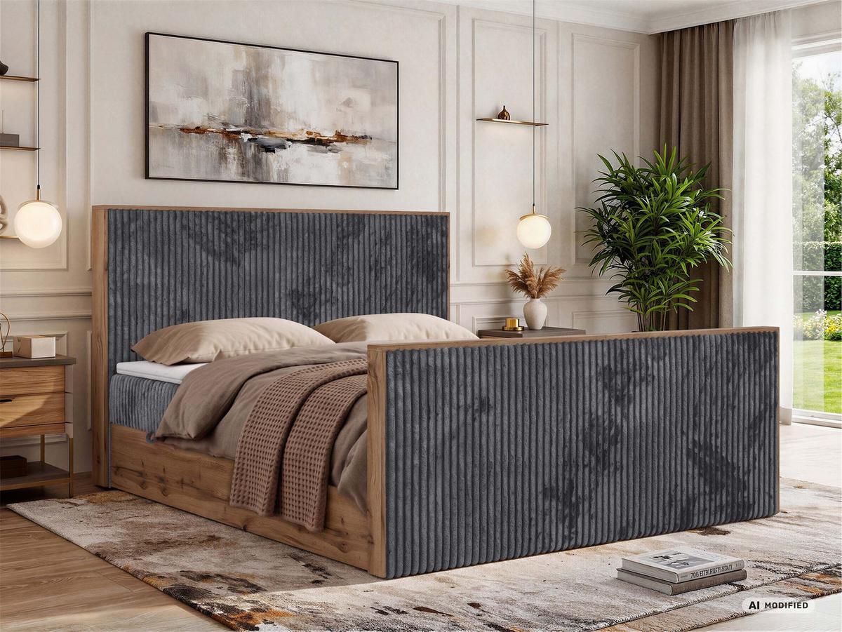 BOXBETT WOOD DUO 140/200 - Grau Cord - Topper Visco - H3 - Schwarz/Grau, Kunststoff/Textil (140/200cm) - MKS