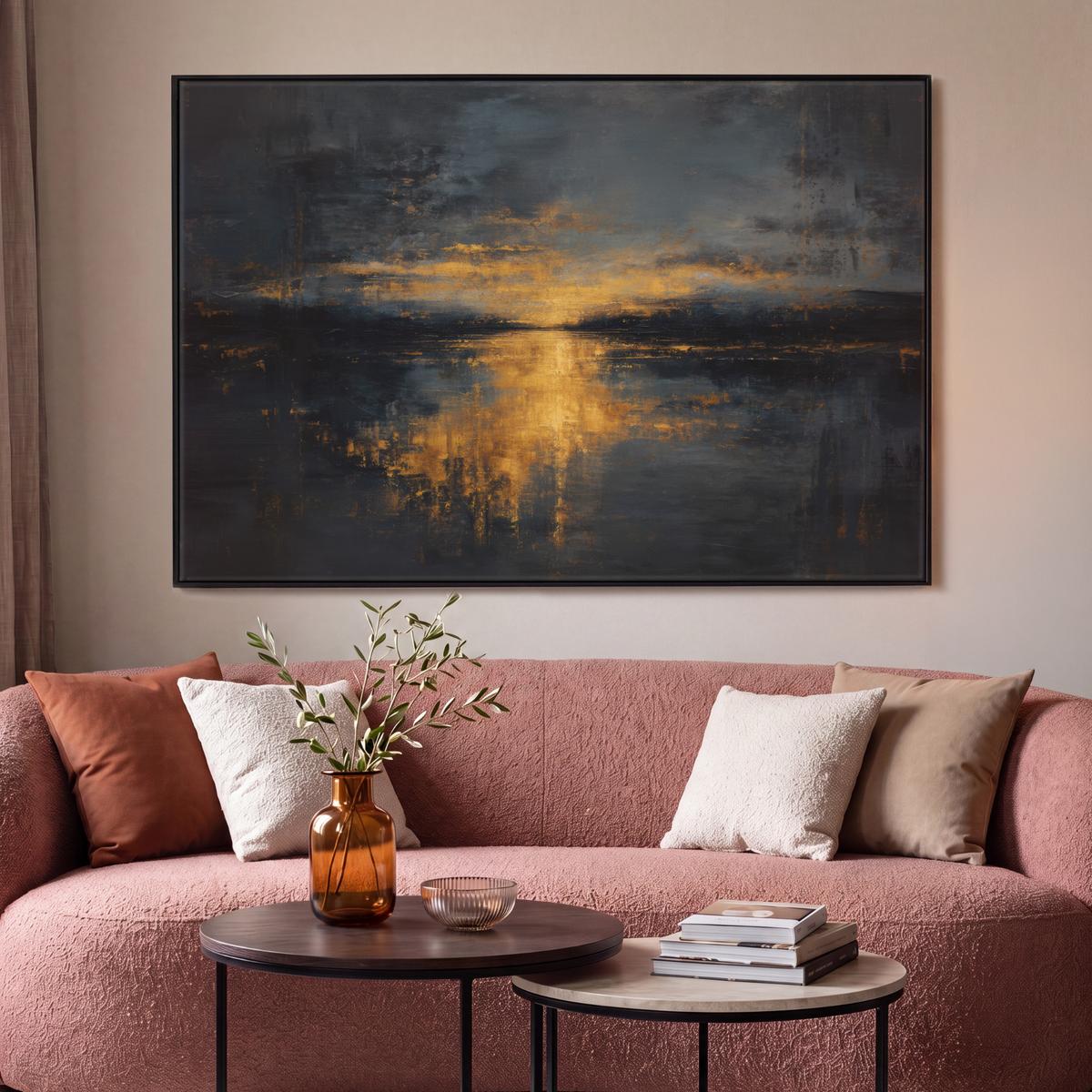 LEINWAND Bilder mit Rahmen - Goldene Reflexion auf dem Wasser - 150x100 - Anthrazit, Textil (150/100cm) - MuchoWow
