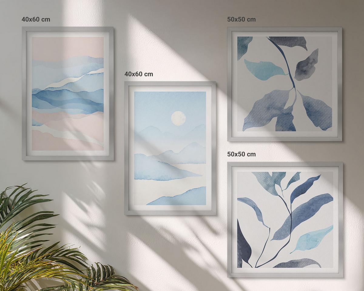 BILDER SET 4er Set - 50x50 cm & 40x60 cm Silberner Rahmen - Berglandschaften, Aquarellpflanzen - Silberfarben, Kunststoff (50/50cm) - TULUP