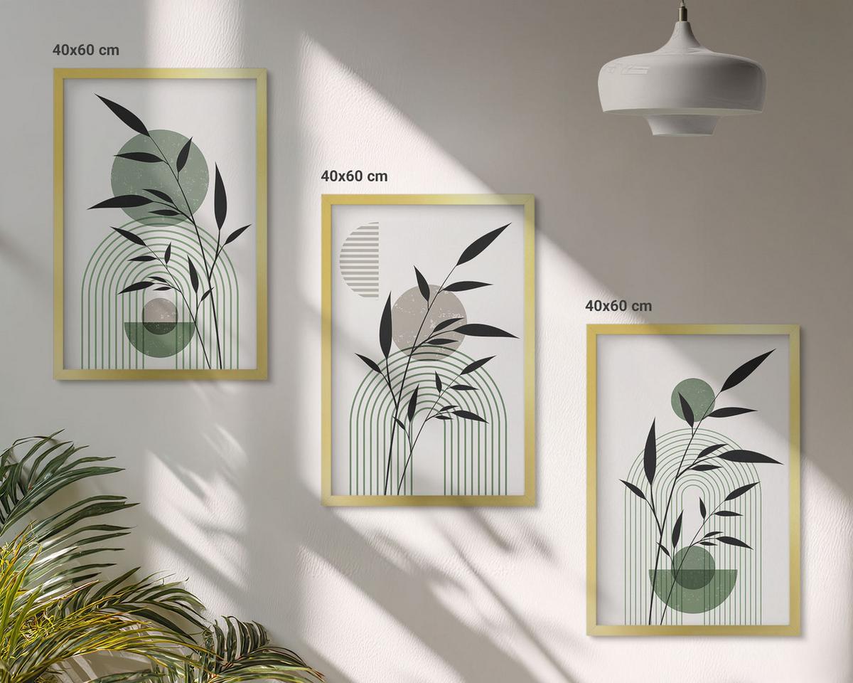 BILDER SET 3er Set - 40x60 cm Goldrahmen - Boho-Pflanzenkompositionen - Goldfarben, Kunststoff (40/60cm) - TULUP